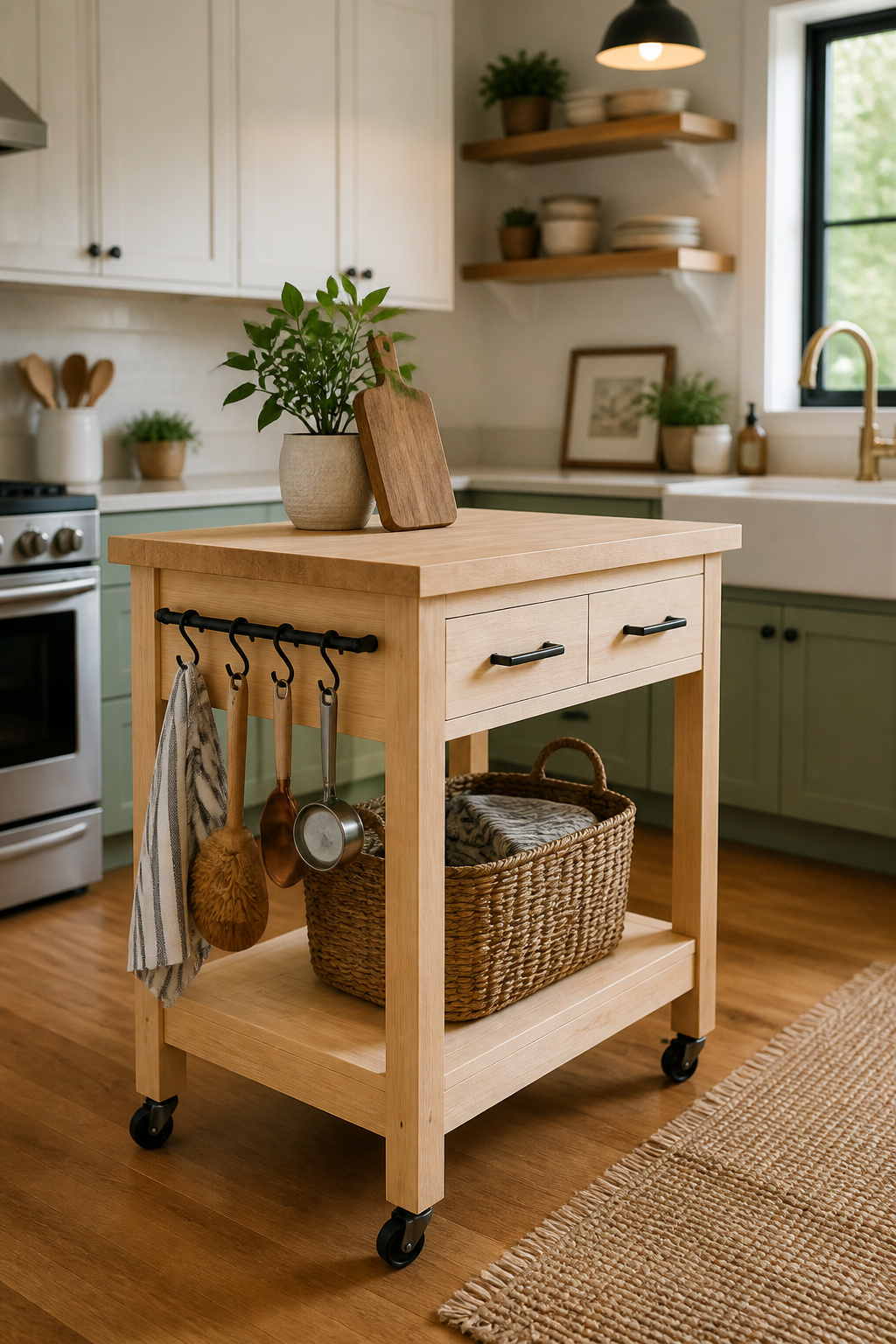A freestanding butcher block cart adds the visual complexity of a custom island — and $200 gets you something that actually works as a prep surface.