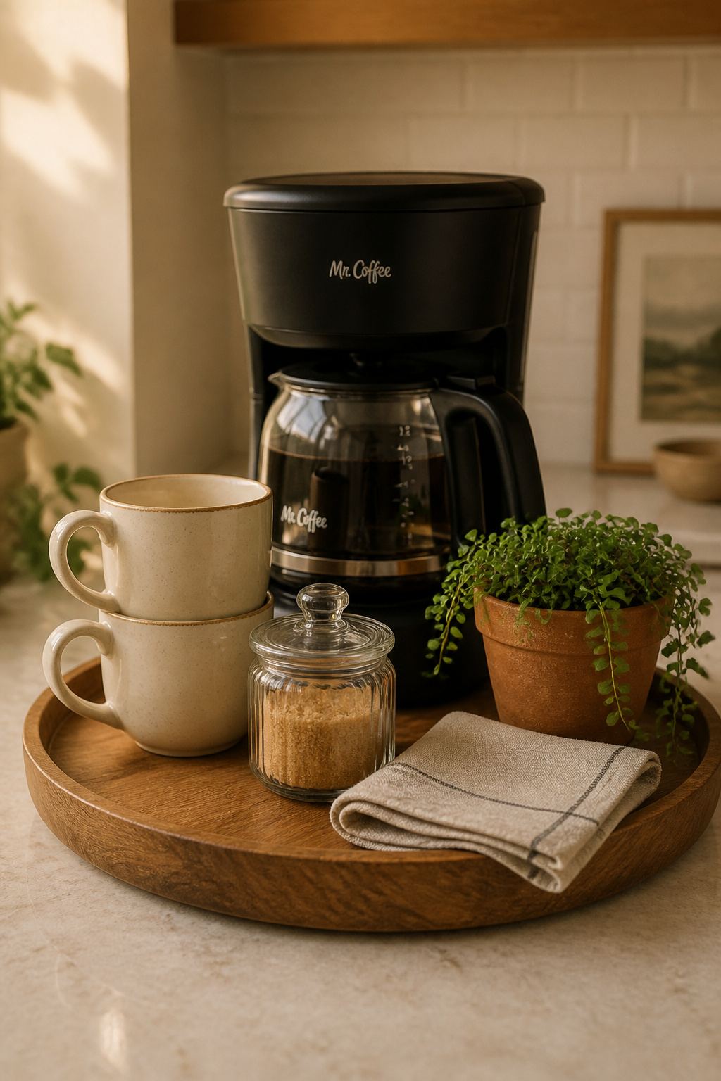 A wooden tray and a consistent color palette transform a cluttered coffee corner into a kitchen display that looks genuinely considered.