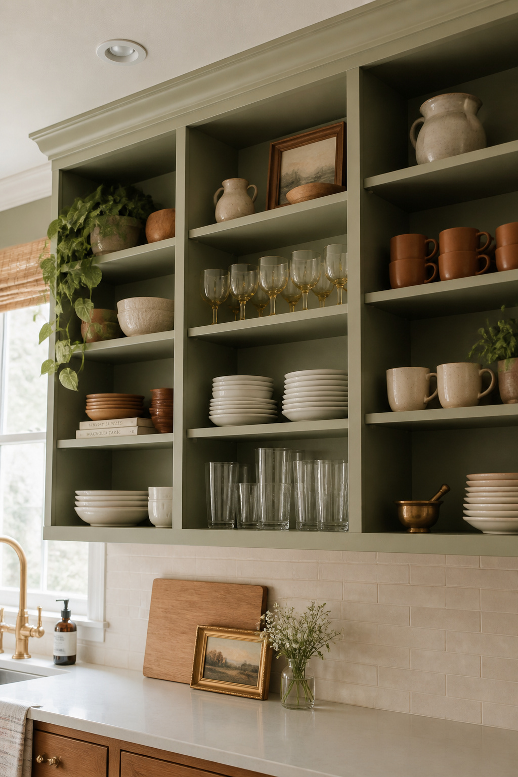 Removing upper cabinet doors — a zero-cost, fully reversible project — gives a kitchen the open-shelf look without any building work.