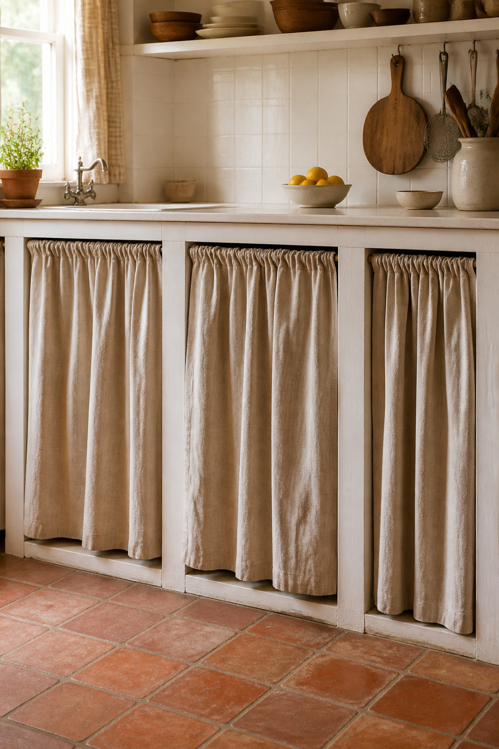 Fabric panels on tension rods replace lower cabinet doors in under an hour, adding softness and texture to a kitchen full of hard surfaces.