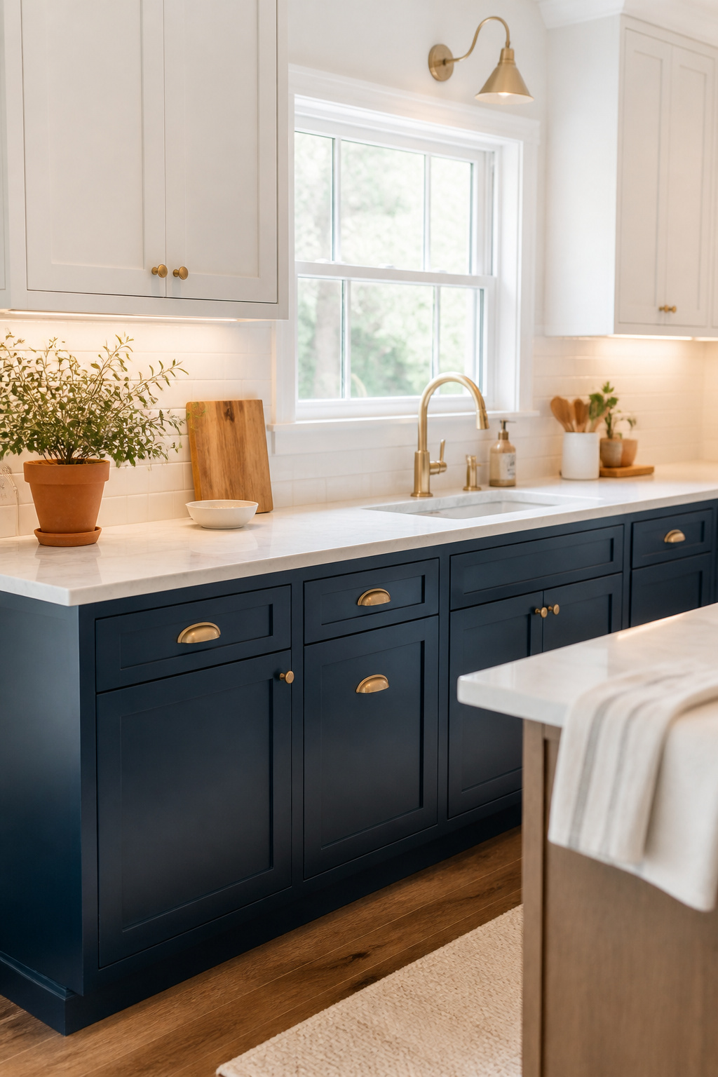 Painting just the lower cabinets in a deep navy or sage transforms the entire kitchen's personality without touching a single cabinet box.
