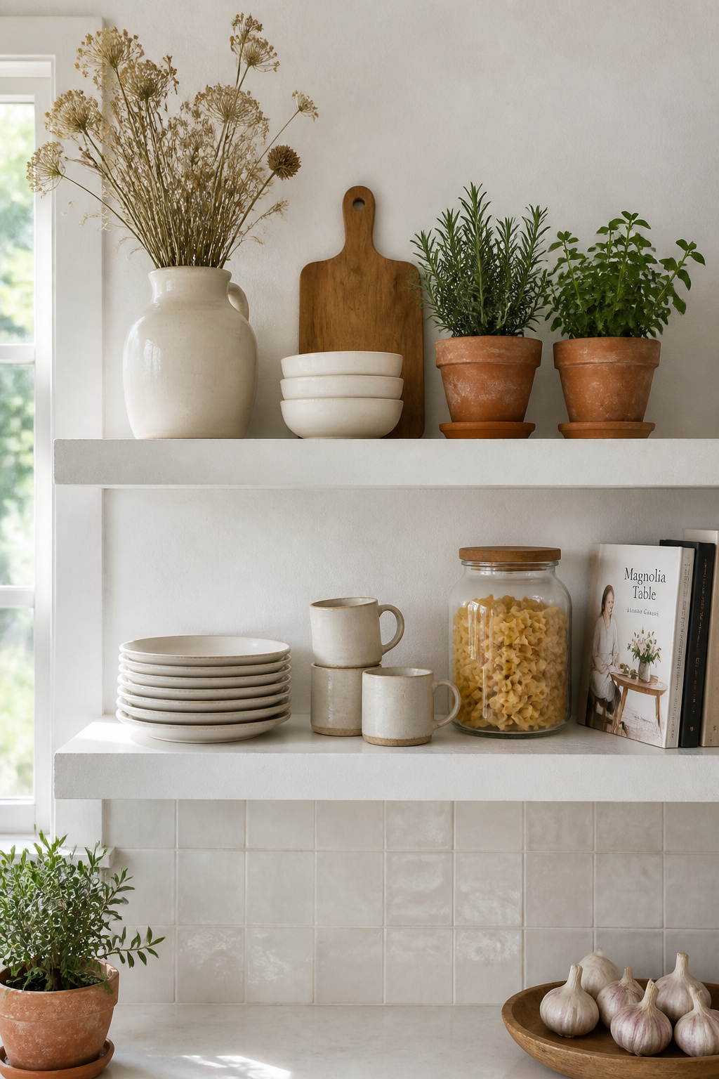 Open shelves styled with the rule of thirds, odd-number groupings, and height variation look intentional even with entirely ordinary dishware.