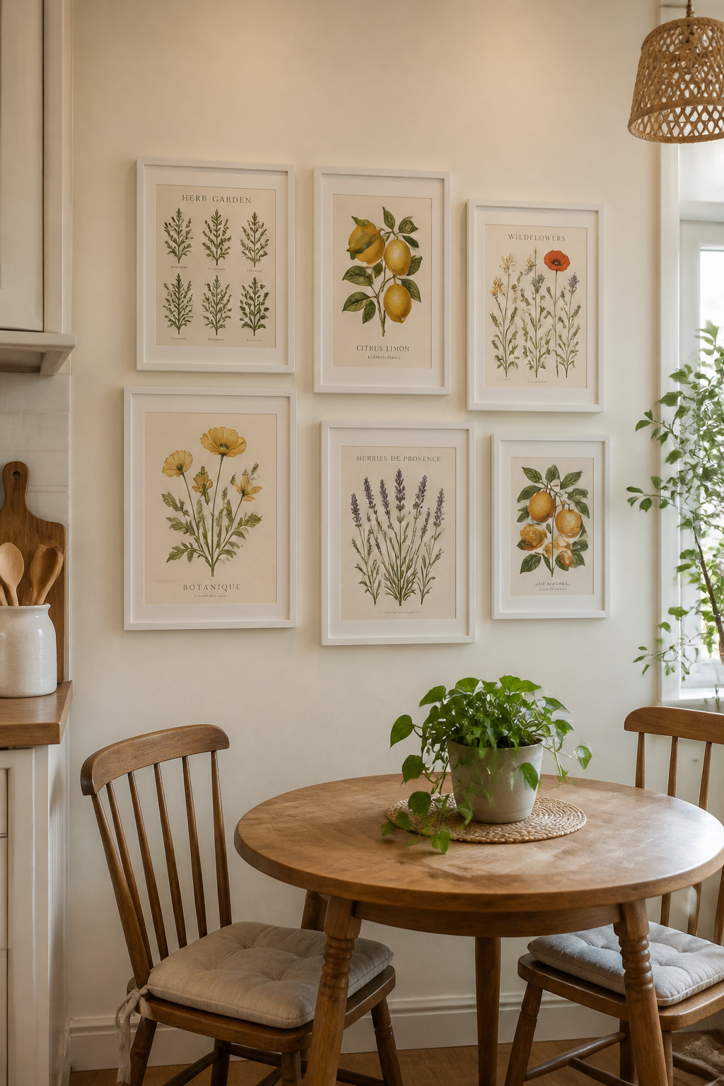 A gallery wall of botanical prints above a kitchen table transforms a blank wall into the room's focal point — for under $50 using digital downloads and budget frames.