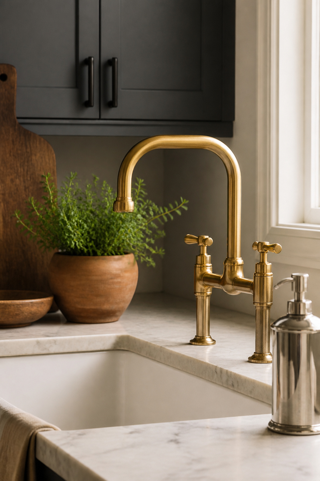 Intentional metal mixing — brass faucet, matte black hardware, nickel soap dispenser — works because each metal shares a purpose and appears at least three times through the space.