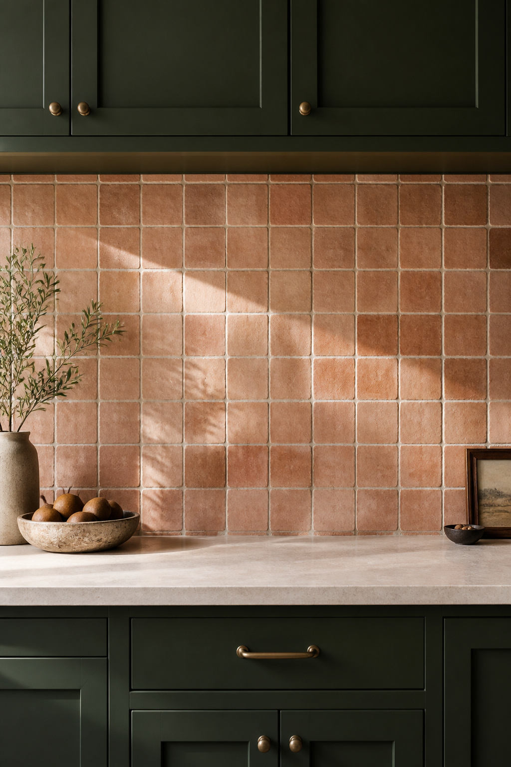 Full-height zellige tile anchors a kitchen visually because the handmade surface refracts light in ways that change across the day — each tile is slightly different, and the cumulative effect is unmistakably alive.