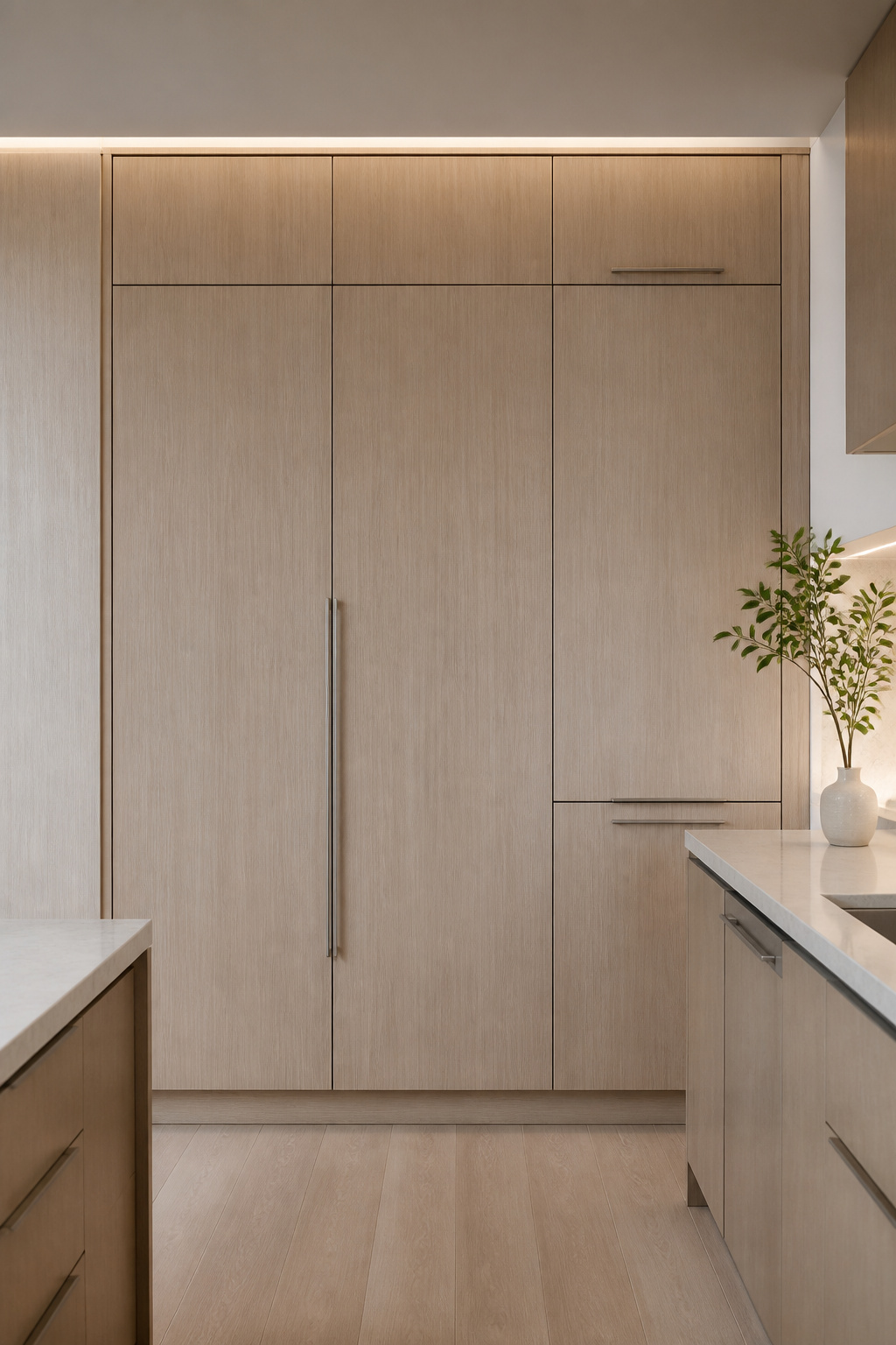 Panel-ready appliances allow the kitchen to read as a composed cabinetry wall — the refrigerator disappears entirely until it's opened, producing the furniture-like quality of high-end European kitchen design.