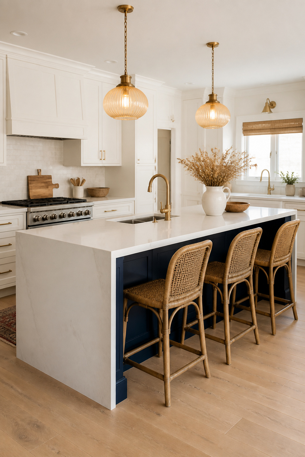 A navy island with waterfall edge and prep sink serves both as a social gathering point and a functional second work zone, with seating positioned to face into the living area.