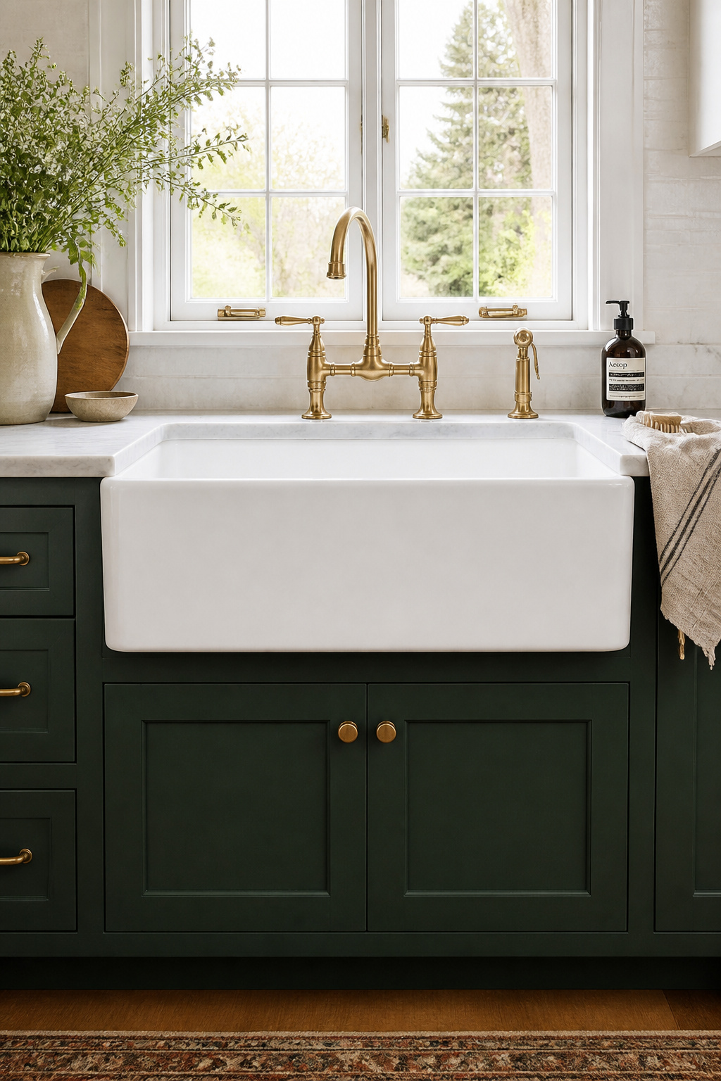 A fireclay apron-front sink breaks the continuous cabinet face in a way that announces itself as a deliberate material choice — the white vitreous surface improving in character over decades of use.