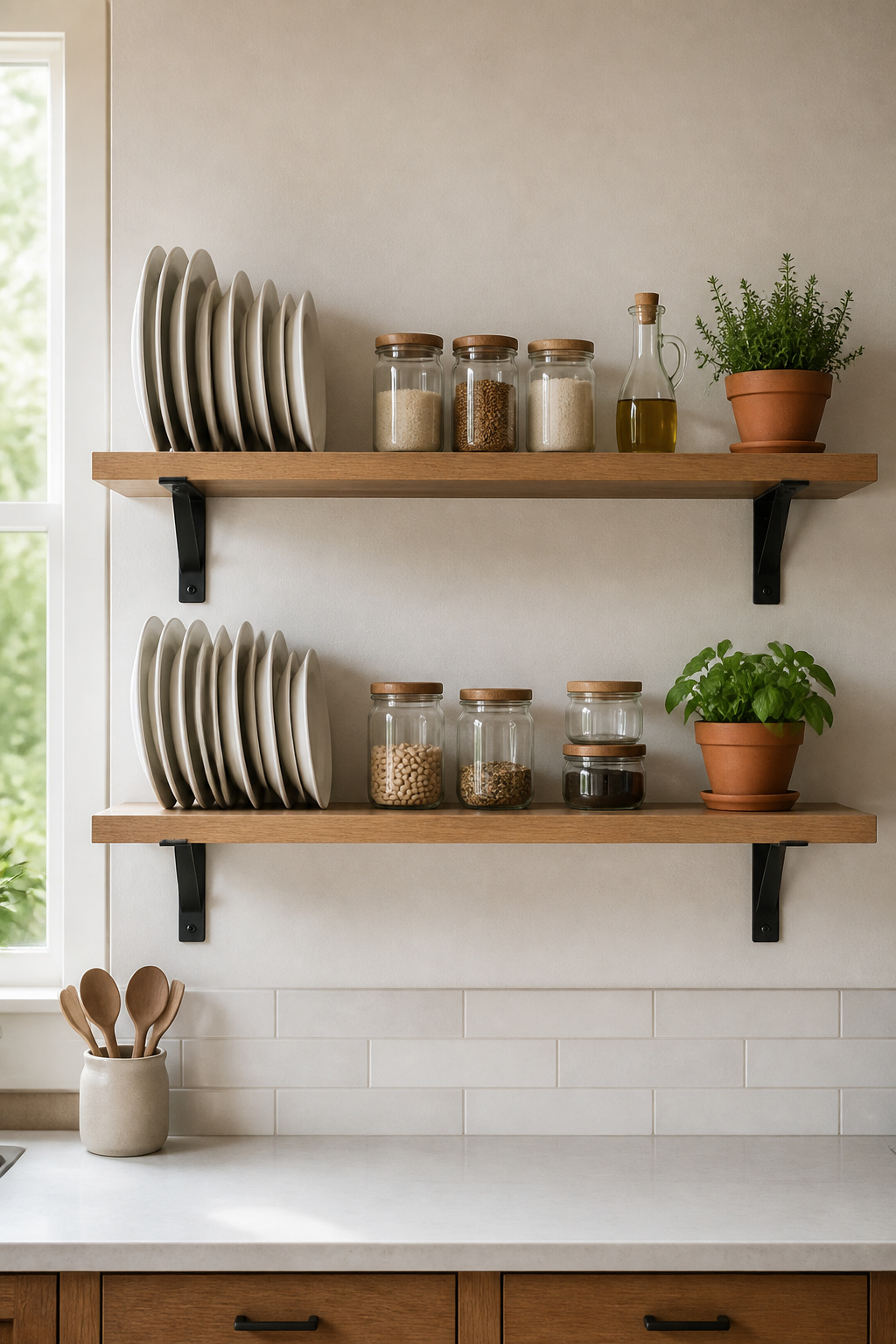 Open shelves styled in thirds — anchor, bridge, accent, with 20% empty space — read as curated rather than cluttered, and the plant provides the organic element that keeps the display from looking like a product shelf.