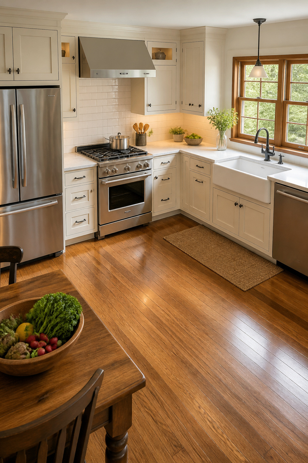 A well-proportioned kitchen work triangle keeps all three primary functions — refrigerator, range, and sink — within easy reach without overlapping traffic paths.