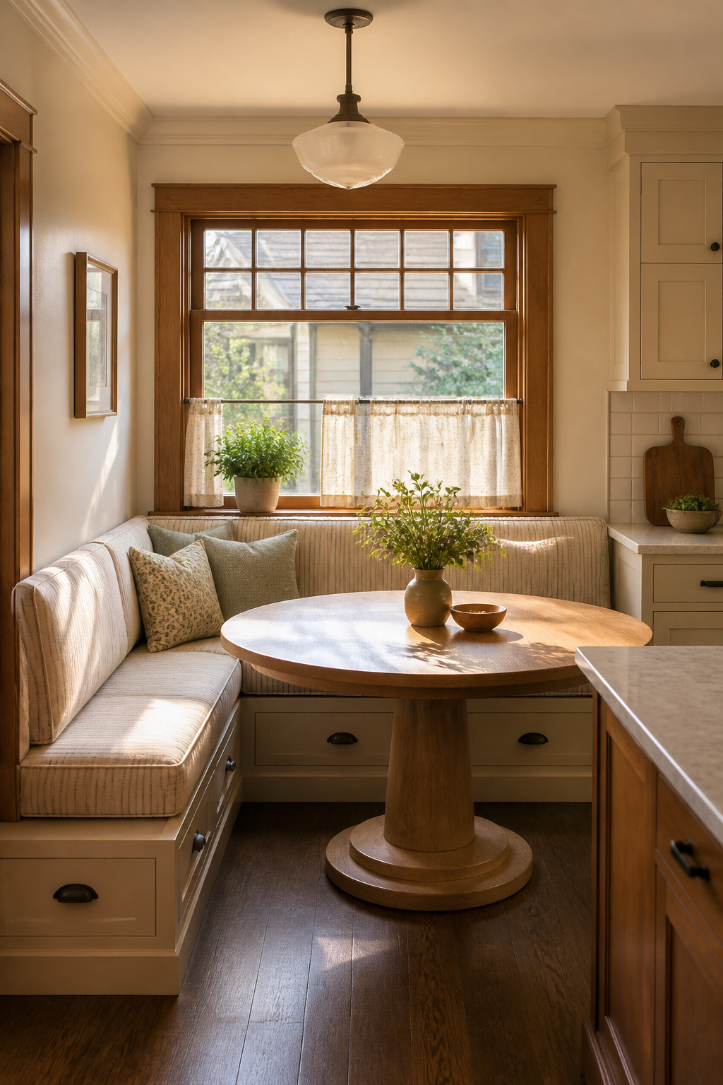An L-shape banquette with under-seat storage drawers and a round pedestal table converts a kitchen corner into the most-used seat in the house — one that no freestanding furniture configuration can replicate in the same square footage.