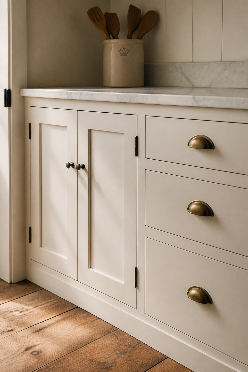 Inset Shaker doors with cup pulls and H-hinges represent the style at its most historically faithful — the flush reveal and exposed hardware are the details that separate craftsmanship from commodity cabinetry.