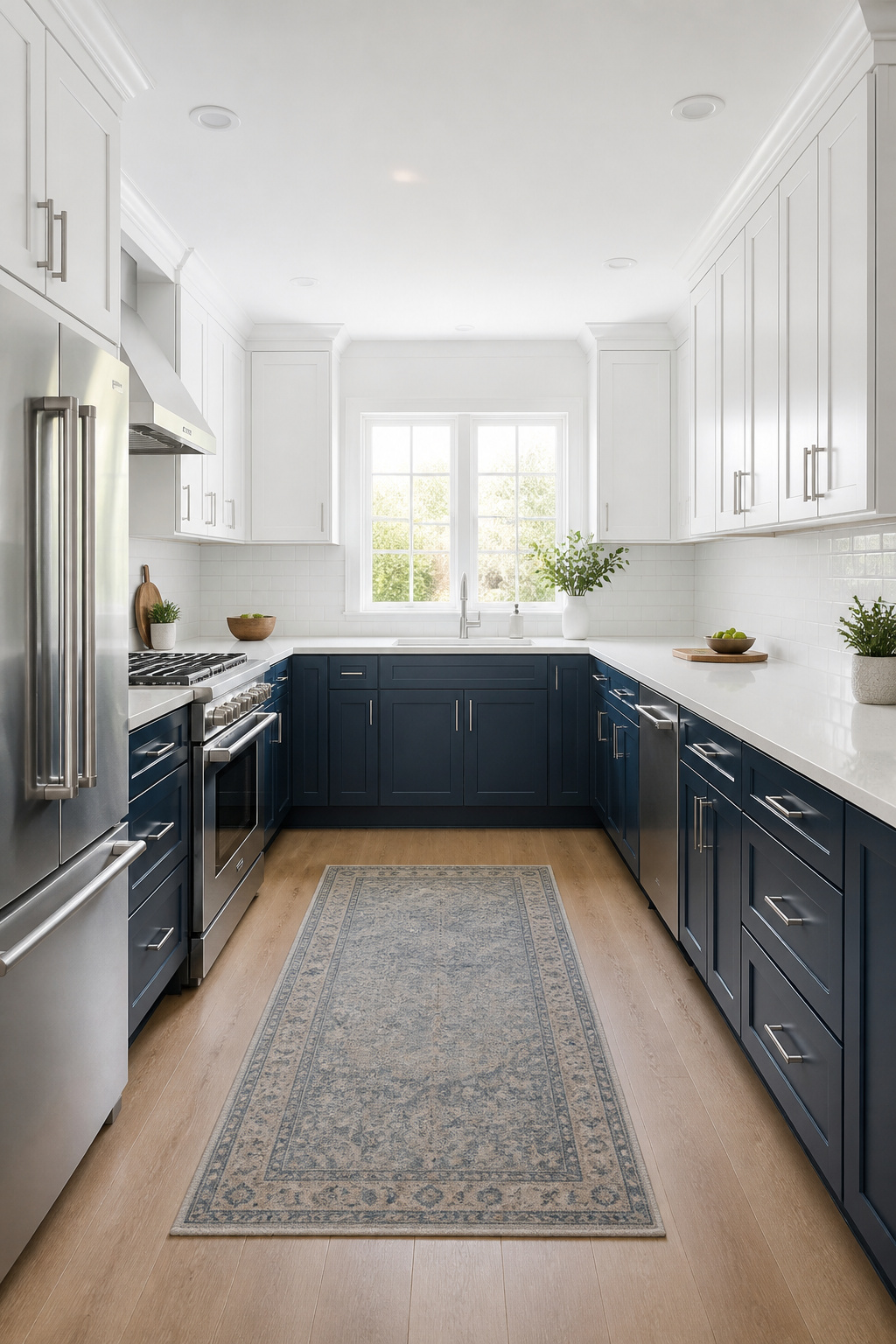 White uppers and navy lowers — split at the countertop line — is the two-tone kitchen combination that has been in continuous production since the 1980s without ever looking tired.