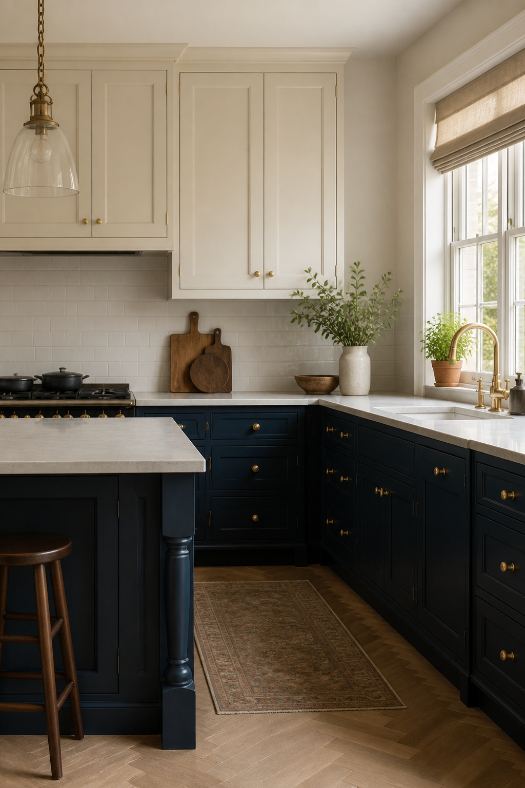 Farrow and Ball Hague Blue in Estate Eggshell on lower cabinets reads entirely differently from a contemporary navy — the mineral pigment base gives the color a depth that synthetic dyes don't replicate.