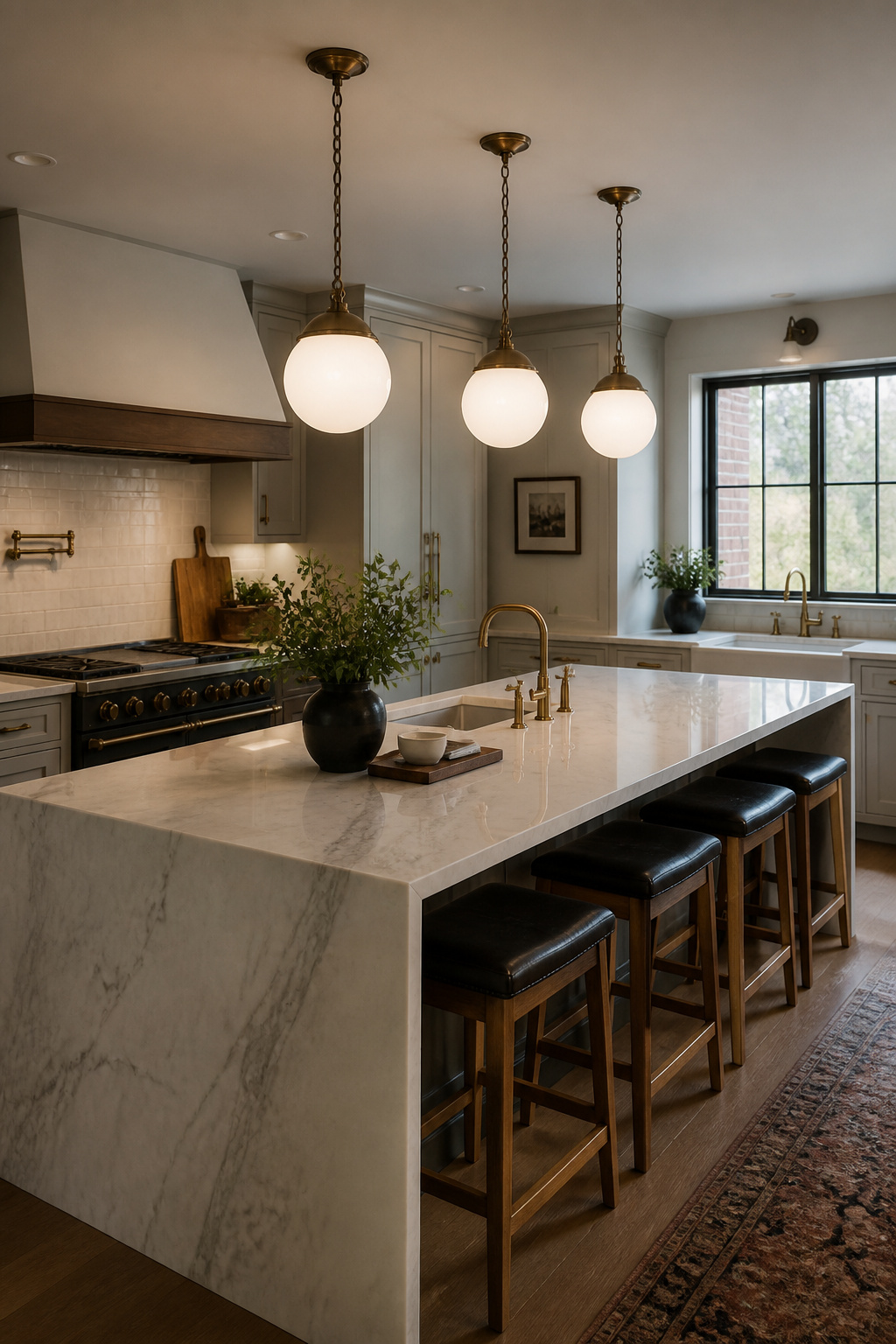 Three schoolhouse globe pendants spaced evenly over a 72-inch island sit at 32 inches above the counter — the hanging height and spacing that makes them feel considered rather than accidental.