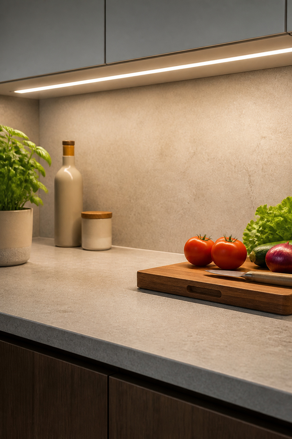 A hardwired linear LED fixture mounted at the front of the cabinet casts even, shadow-free light across the full counter surface — eliminating the most common complaint about overhead-only kitchen lighting.