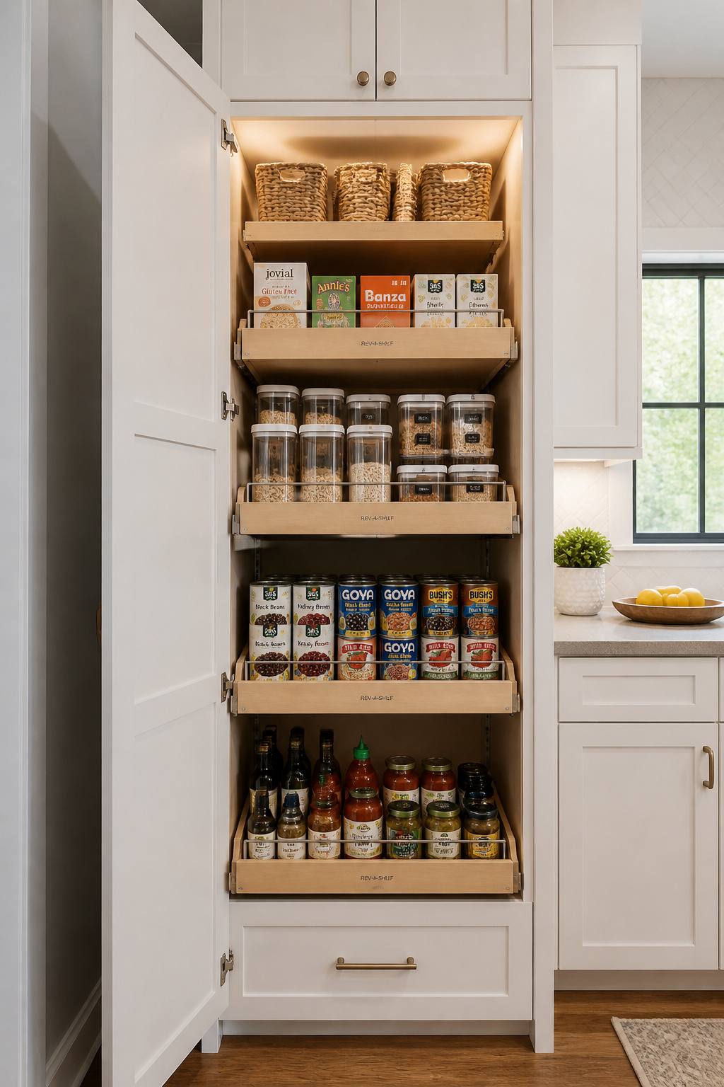 A tall pantry cabinet with Rev-A-Shelf pull-out organizers makes the full height of the cabinet accessible and visible — eliminating the dead storage problem that plagues standard deep base cabinets.
