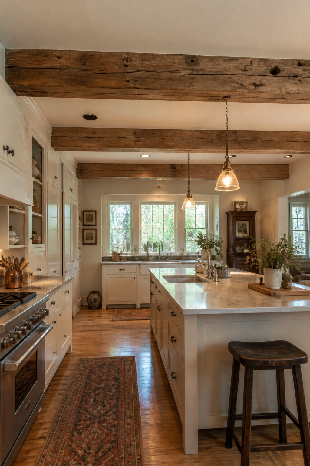 Two or three reclaimed ceiling beams in a kitchen do more for the room's warmth and historical depth than any finish or furniture — and they read entirely differently from eight beams, which simply feel heavy.