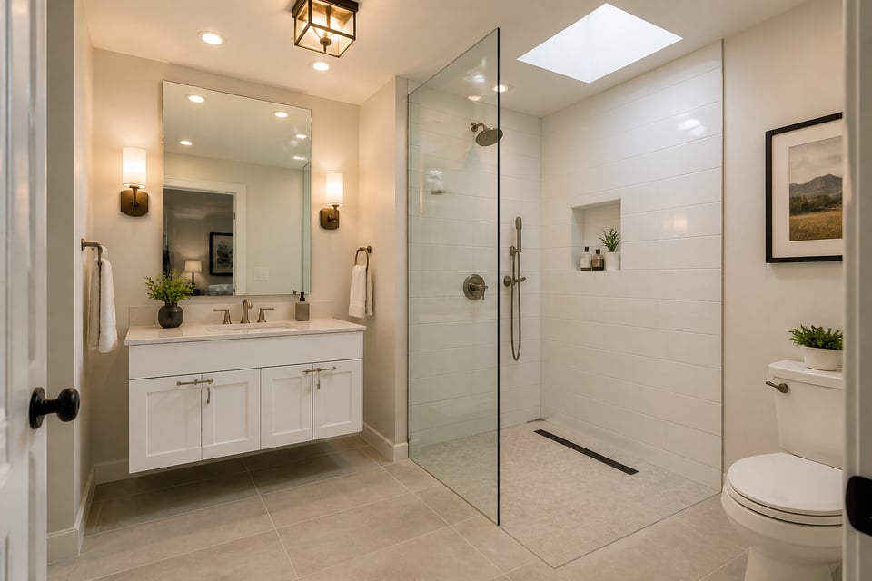 A complete small bathroom remodel in approximately 40 square feet: floating vanity, curbless walk-in shower with frameless glass, large-format porcelain tile, layered warm lighting, and period-appropriate craftsman hardware — every idea in this article working together in one finished space.