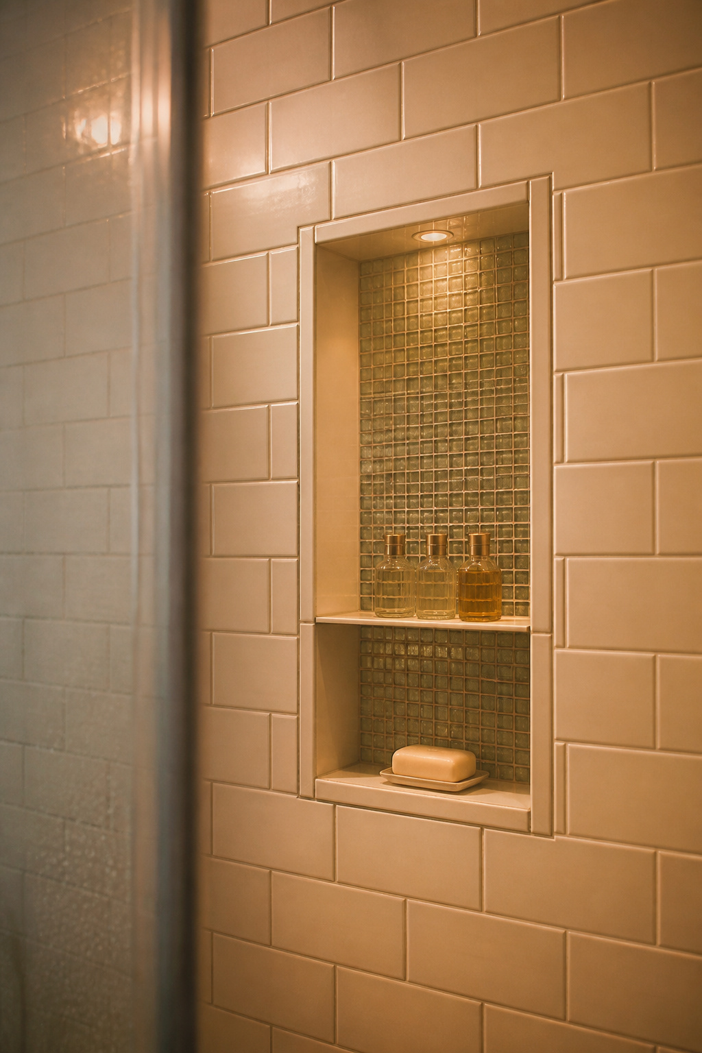 A 12x20 inch recessed shower niche with a contrasting mosaic tile interior holds toiletries flush with the shower wall — no protrusion, no visual clutter, no surface-mounted hardware anywhere.