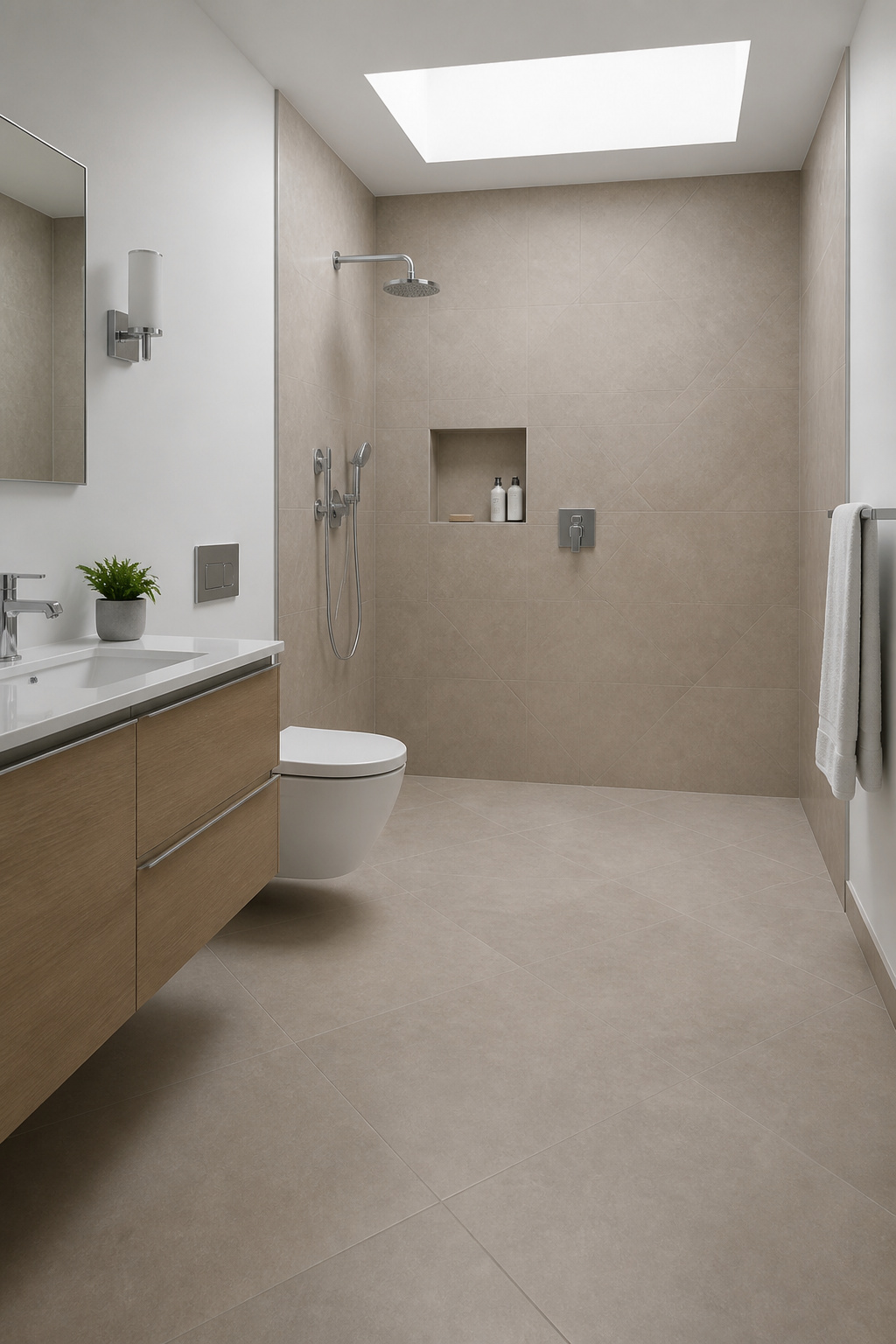 Large-format 24x24 inch matte porcelain tiles with barely visible grout lines create a continuous floor plane, with the same tile carrying up the shower wall to eliminate the visual boundary between the two surfaces.