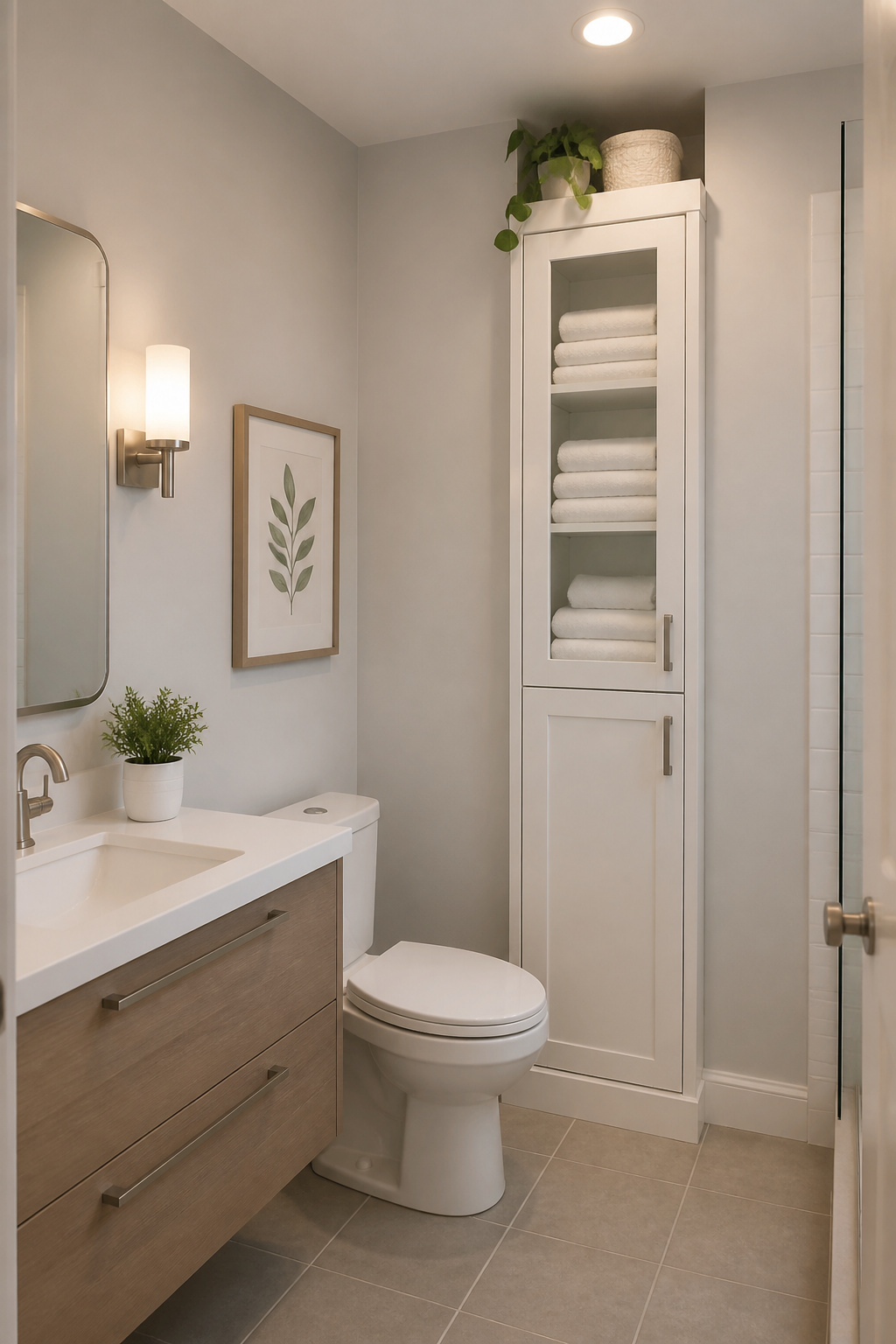 An 18-inch wide, 84-inch tall linen tower in the corner of a compact bathroom provides floor-to-ceiling storage for towels and toiletries while claiming only 2.25 square feet of floor space.