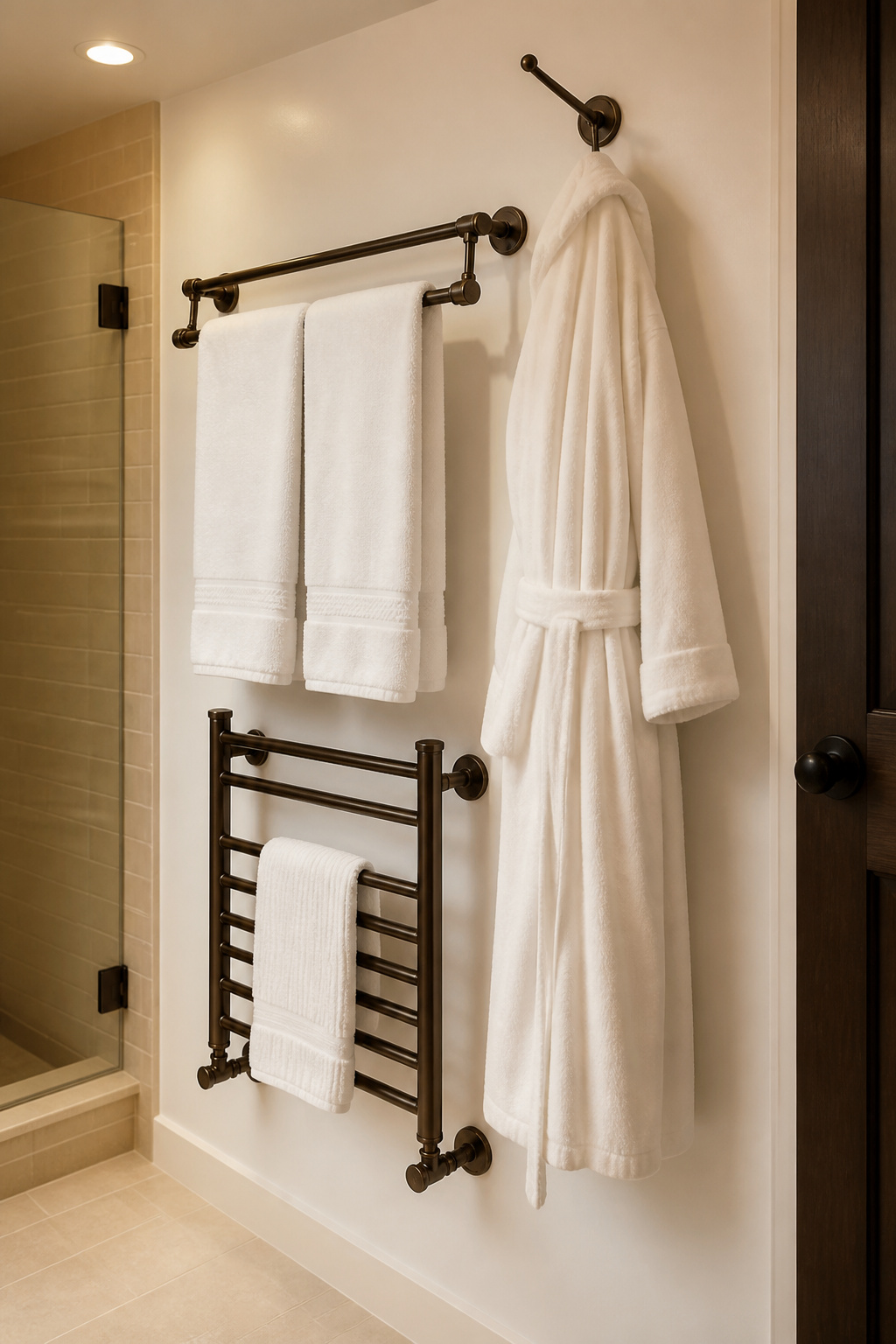 Three levels of hanging storage — a heated towel rail at 32 inches, a double towel bar at 48 inches, and a robe hook at 66 inches — maximise wall real estate in a compact bathroom while maintaining a cohesive oil-rubbed bronze hardware finish throughout.