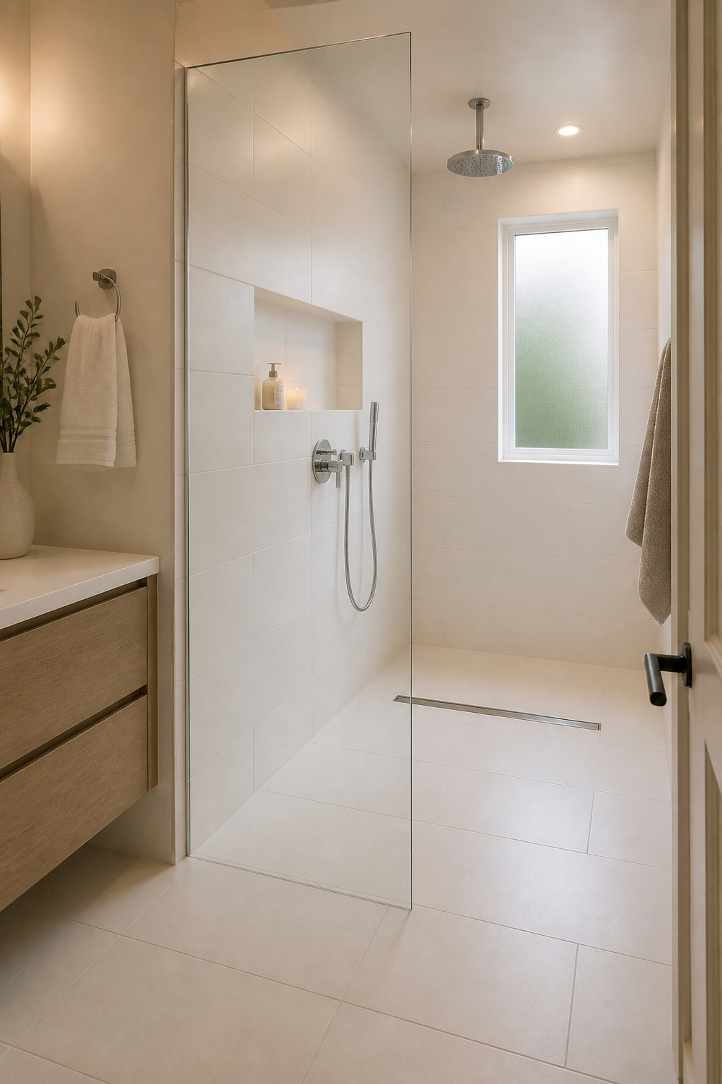 A curbless walk-in shower installed where a standard alcove tub once stood — continuous porcelain tile from bathroom floor through the shower floor and a frameless glass panel preserve the visual depth of the room.