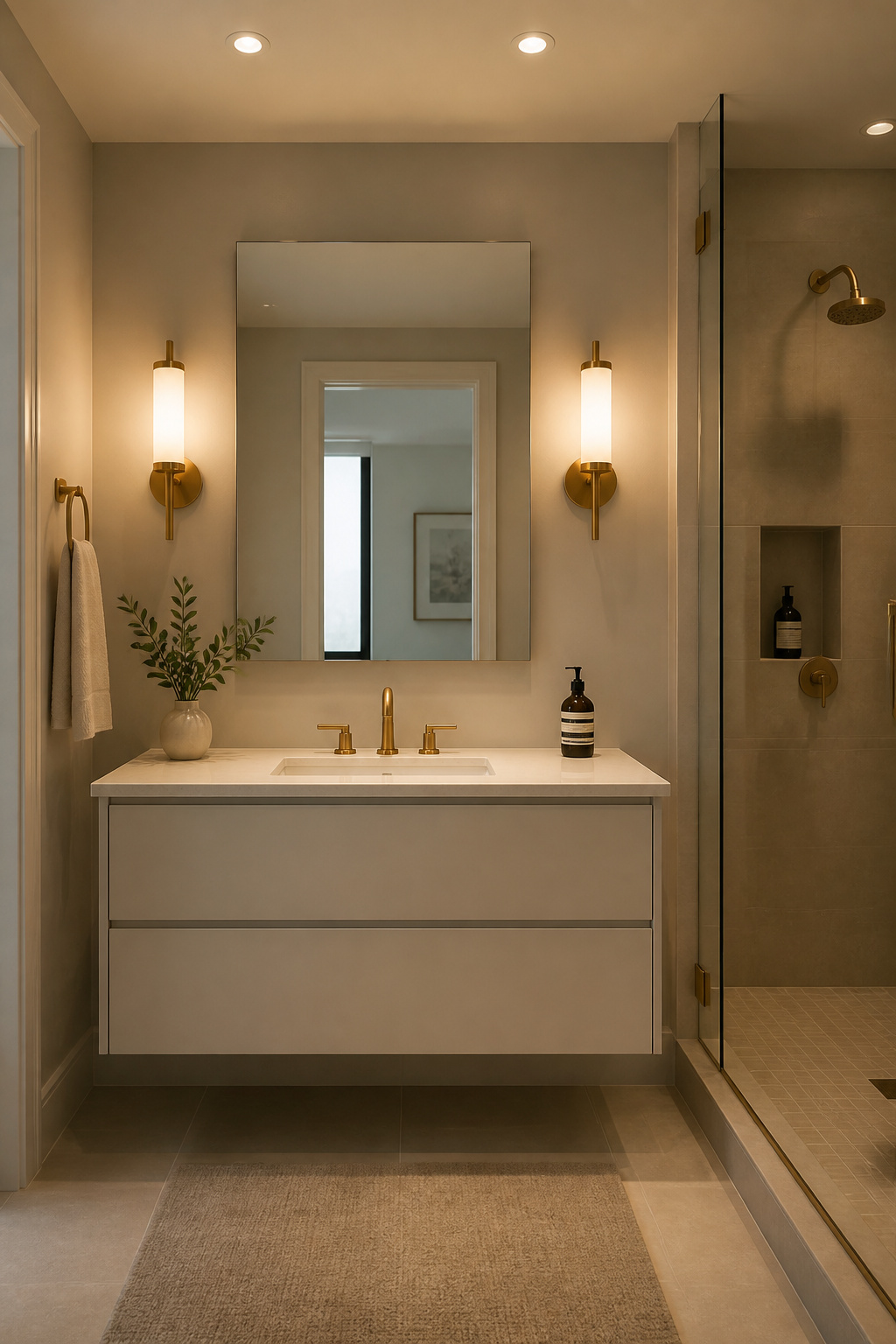 Side-mounted sconces at 62 inches from the floor eliminate top-down shadows at the mirror, while two recessed 4-inch ceiling fixtures provide ambient fill — a layered lighting strategy that makes even a windowless bathroom feel bright and functional.
