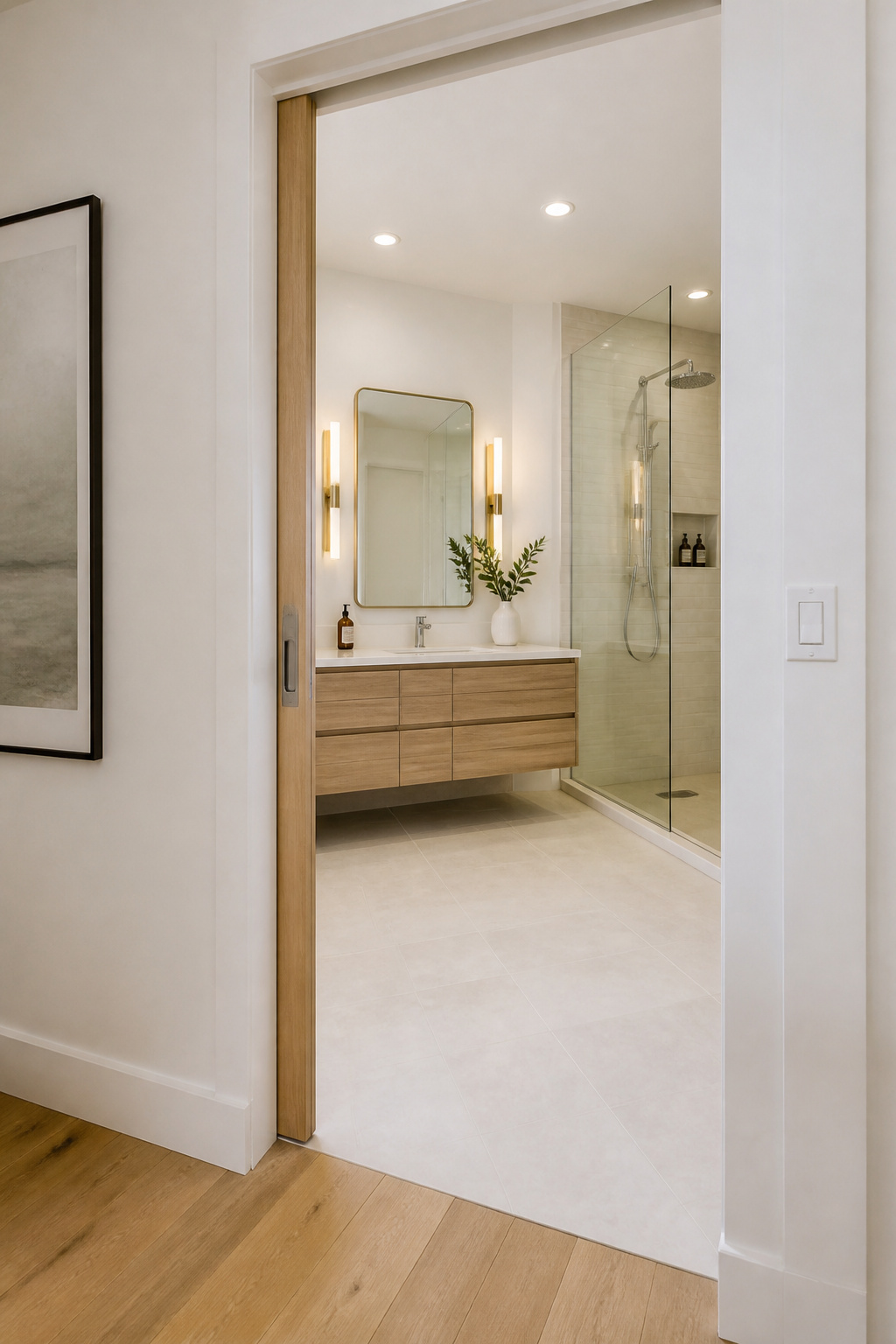 A white oak pocket door fully recessed into the wall reveals the complete floor plan of a compact bathroom — no swing arc, no blocked zones, just continuous usable space from entrance to fixtures.