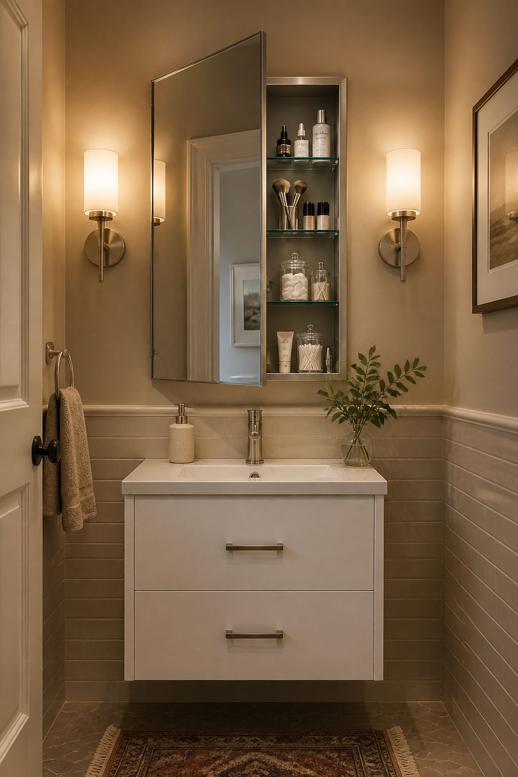 A 24x30 inch recessed medicine cabinet with a beveled mirror front borrows space from within the wall to store three shelves of toiletries without adding any depth to the bathroom interior.