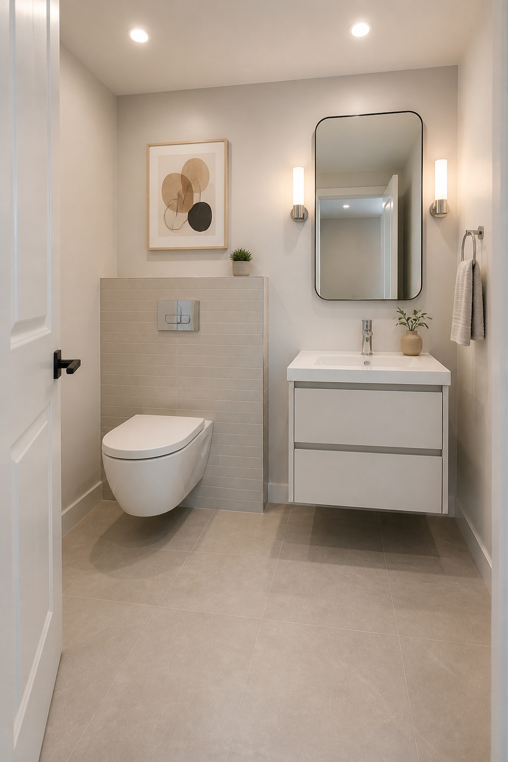 A wall-hung toilet with a concealed cistern panel and a floating vanity create two floating elements in a compact bathroom, with continuous tile running beneath both to maximise the perceived floor space.