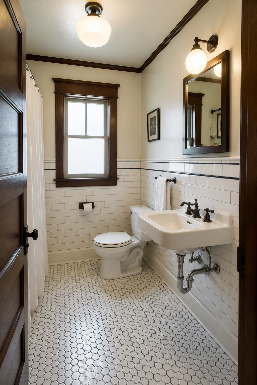 A small bathroom remodel in a 1915 Craftsman bungalow with period-appropriate oil-rubbed bronze lever faucets, 3x6 subway tile walls with pencil liner border, and classic 1-inch hexagonal floor tile — every fixture matched to the home's architectural era.