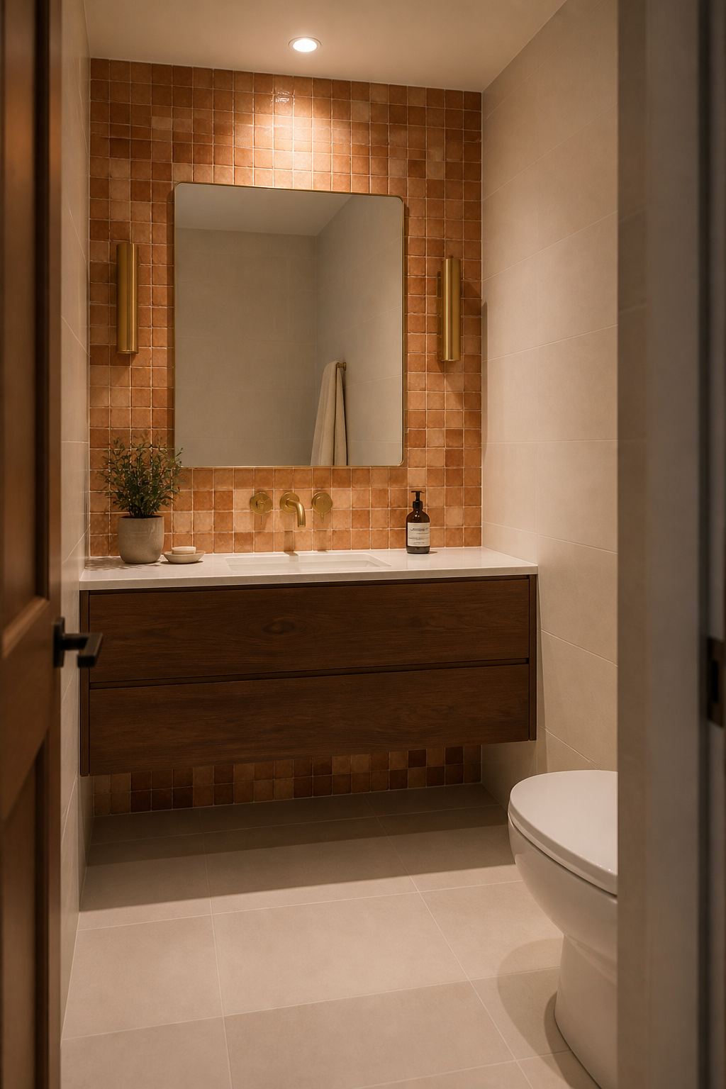 A single vanity wall covered in handmade terracotta zellige tile creates a rich focal point, while three surrounding walls of plain white porcelain provide the visual rest that makes the feature wall more effective.