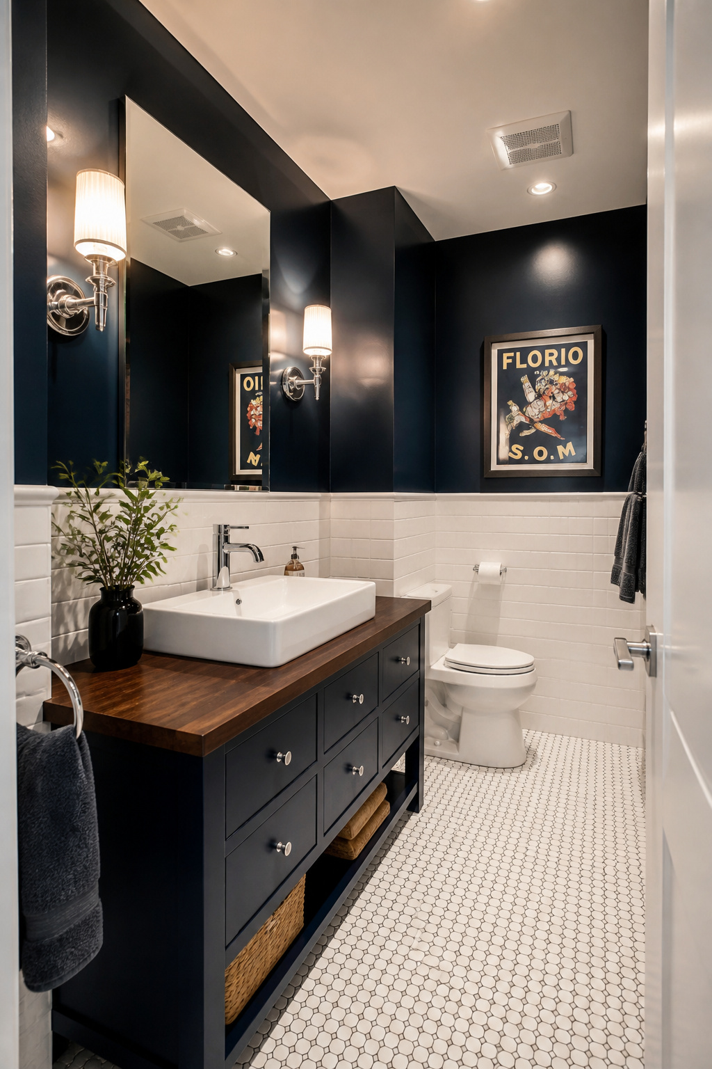 Deep navy semi-gloss walls paired with white subway tile wainscoting and layered lighting demonstrate how dark colour can recede visually in a small bathroom when the lighting strategy is executed correctly.