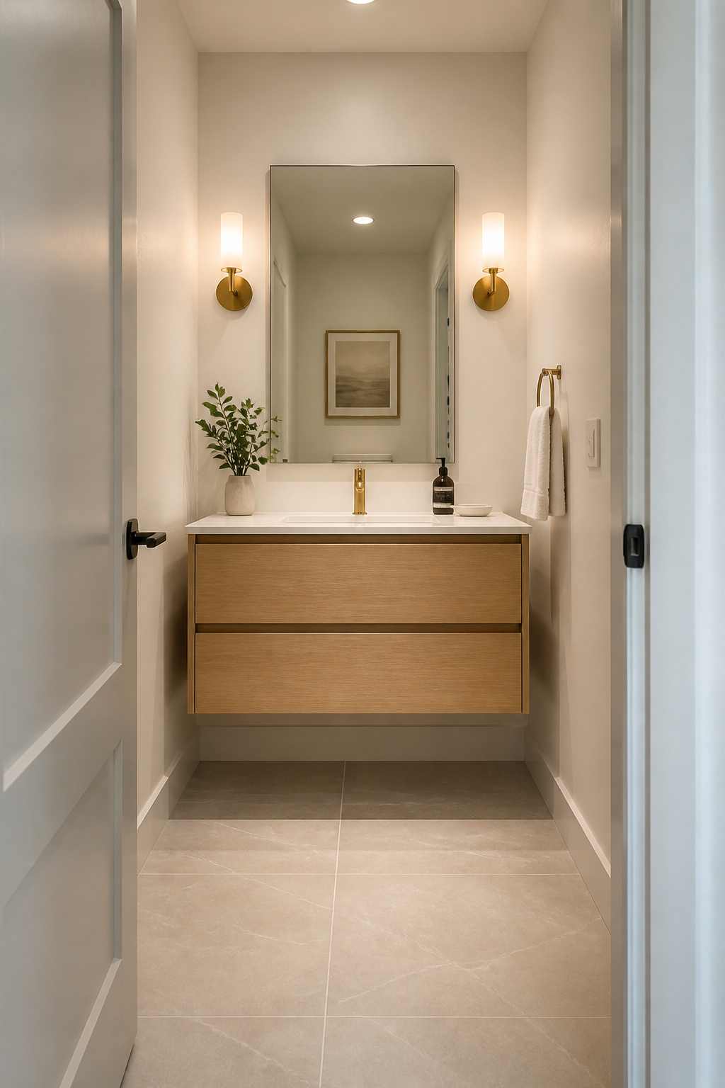 A 30-inch floating vanity mounted 16 inches above a continuous porcelain tile floor creates visible open floor space beneath it that makes the bathroom read as significantly larger than it measures.