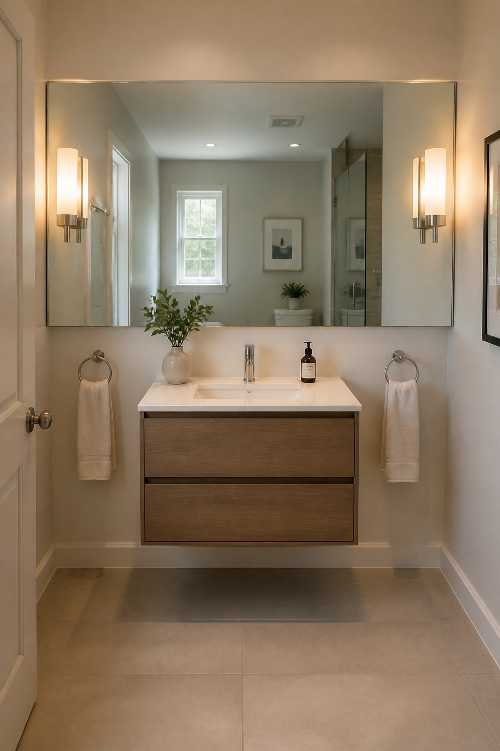 A 48-inch frameless mirror positioned 12 inches wider than the 24-inch vanity on each side reflects natural light and the opposite wall, creating visual depth that makes this small bathroom appear to extend well beyond its actual dimensions.