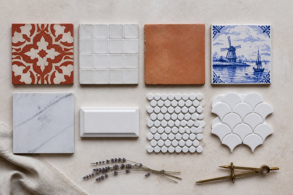 Eight tile materials spanning from 10th-century Moroccan zellige to contemporary rectified porcelain — the range covered in this guide, each with its own rules for selection, installation, and maintenance.