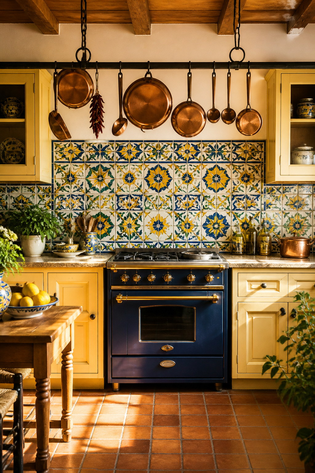 Mexican Talavera tiles in a Mediterranean kitchen — the mineral pigments on a cream-white tin-glaze ground produce the warm-and-cool combination that has made this the defining Iberian kitchen wall tile for five centuries.