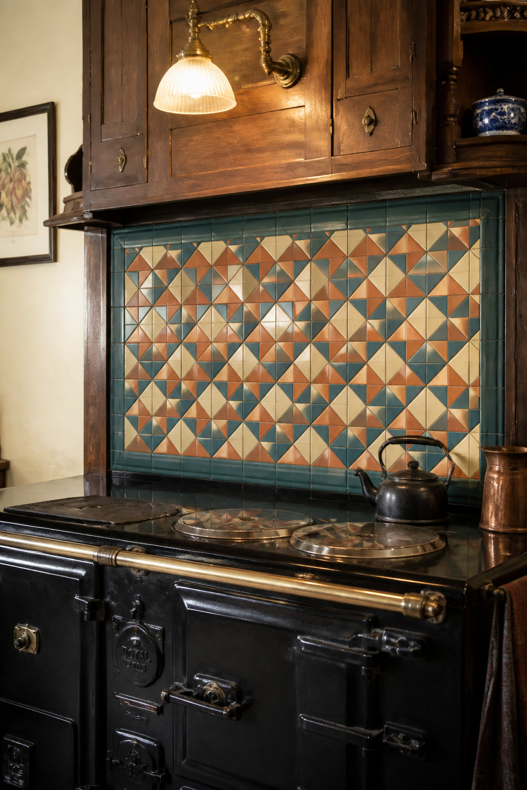 Victorian encaustic tiles as a range surround panel — a 60-90cm-high defined area in a contrasting colour family, contained by a plain border tile rather than spreading across every surface.