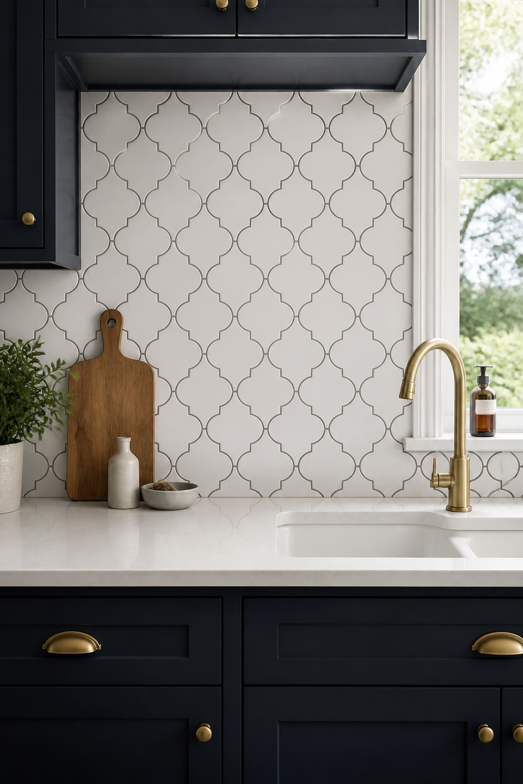 Arabesque tiles with contrasting grey grout — the charcoal grout emphasises each tile's interlocking ogee outline, which is the right choice for a contained application rather than an entire kitchen wall.