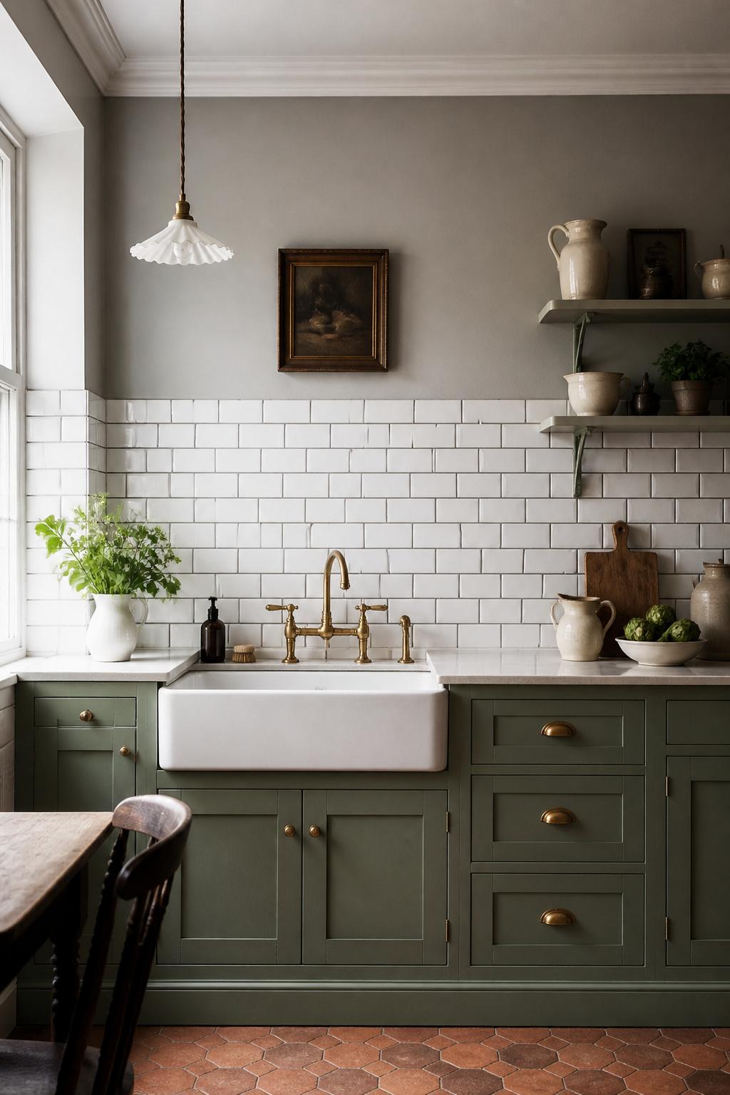 White subway tile at dado height with charcoal grout — the bevelled edge and the grey grout are doing most of the work here, separating this from the clinical all-white version.