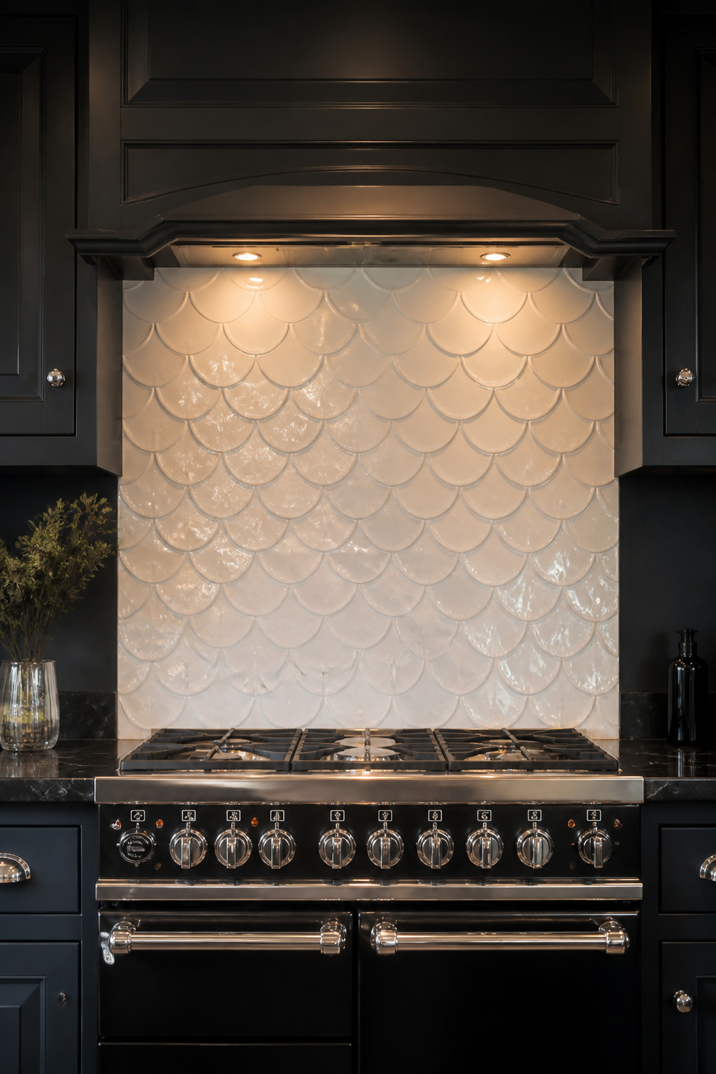 Fish scale tiles as a contained range surround panel — the 90cm-wide application frames the cooker without competing with any other surface, and the light-catching gloss glaze is best where it can catch the hood light.