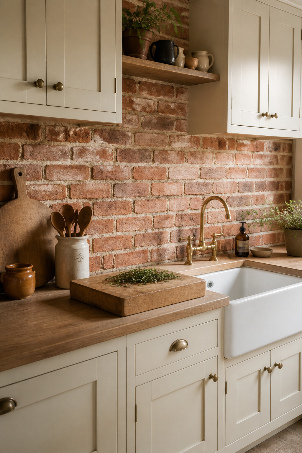 Reclaimed Victorian brick slips with lime pointing in a farmhouse kitchen — the rounded arris edges and natural weathering are what new brick slip manufacture cannot replicate.