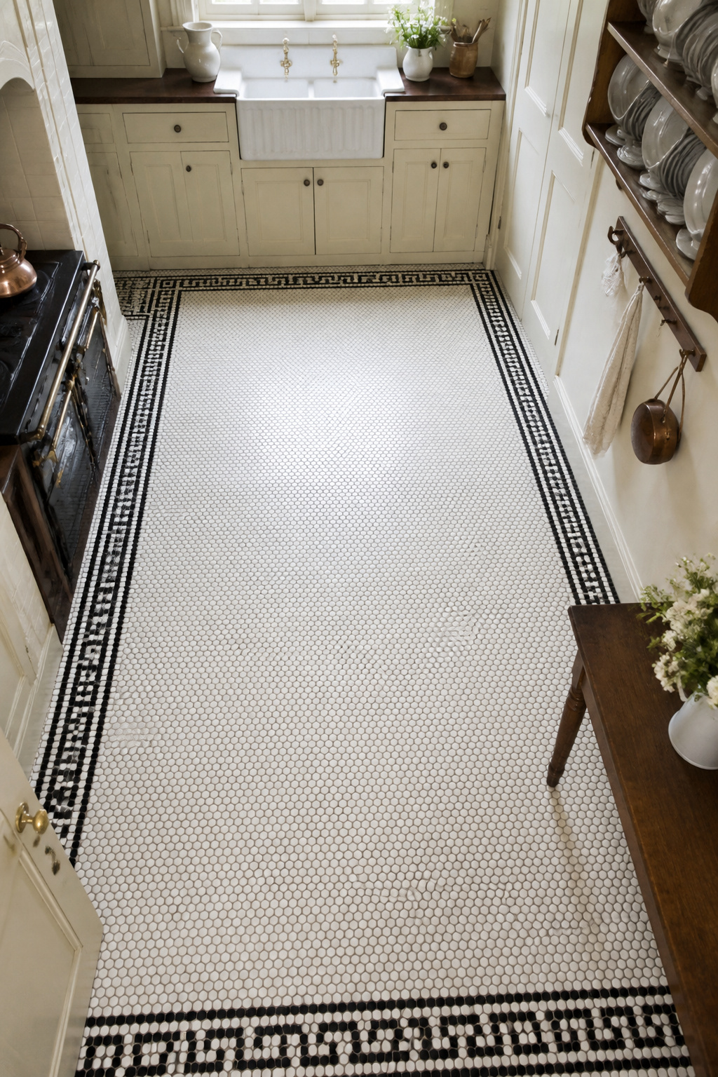 Edwardian penny round mosaic in white with black border — the white field with black border at the perimeter is the period-authentic application, not the mixed-colour field versions common today.