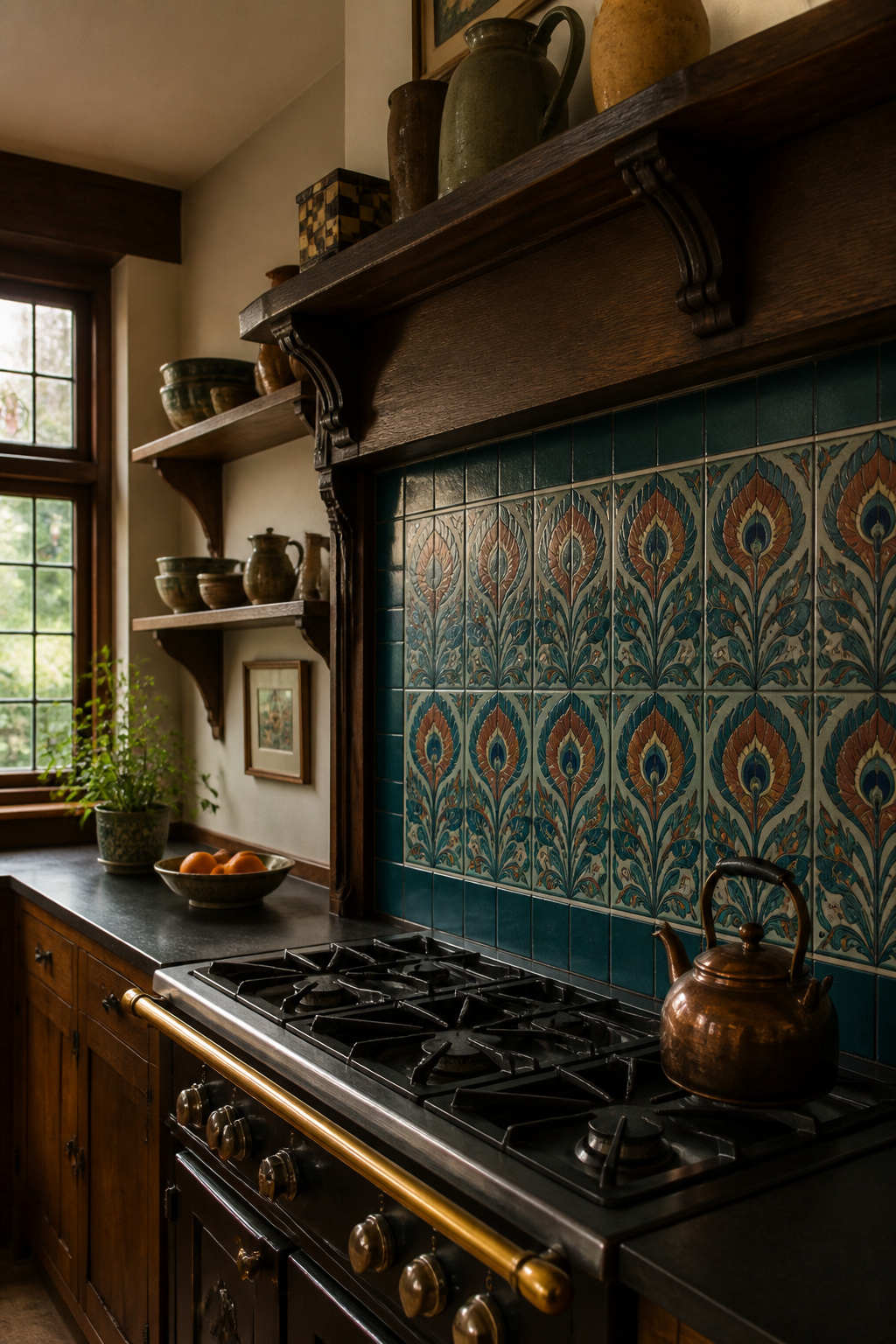 Arts and Crafts ceramic tiles in matte teal and cobalt — the matte glaze is the movement's technical and ideological signature, the direct rejection of the commercial sheen.