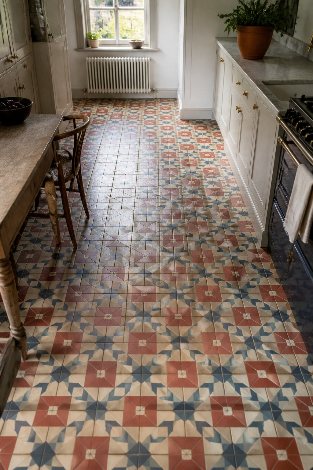 Encaustic cement tiles in a Victorian kitchen, their pigment pressed deep into the body rather than applied to the surface — the key to why they still look exceptional after 150 years.