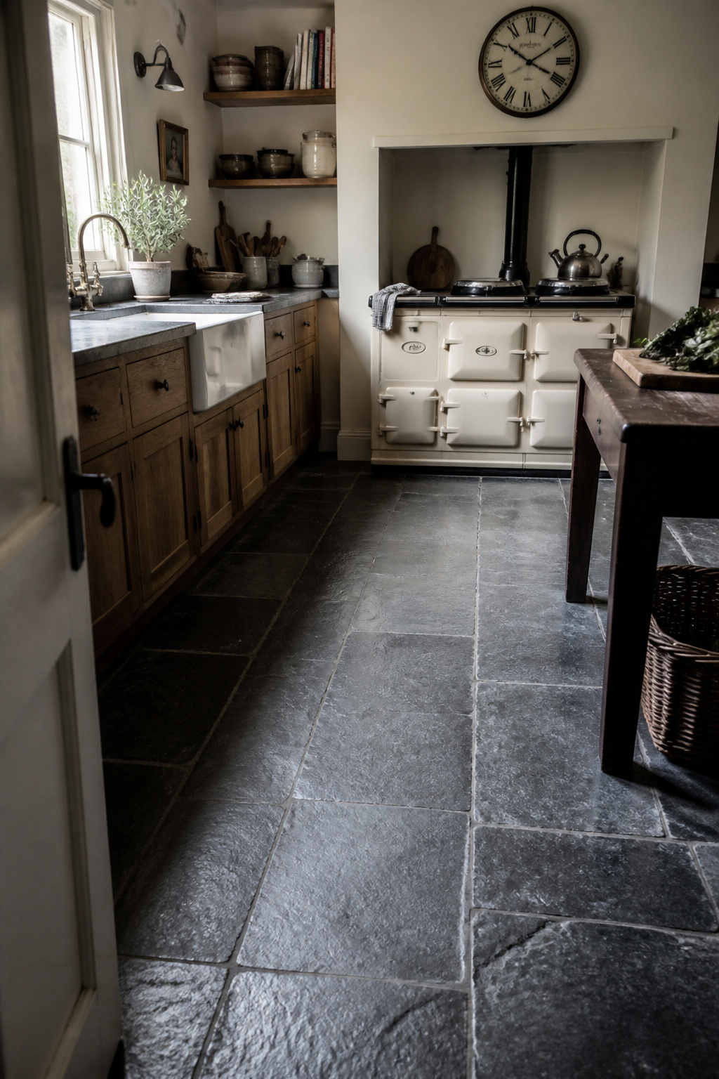 Welsh slate in a working farmhouse kitchen — the worn path from door to range is decades of use recorded in the stone surface, and it is the most honest thing about the room.
