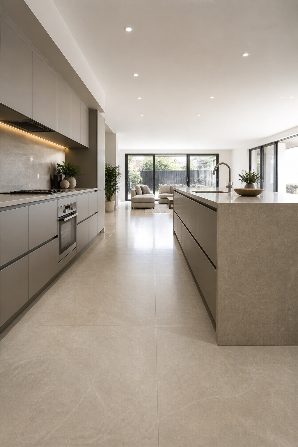 600x1200mm rectified porcelain in an open-plan kitchen — the substrate needed to be flat within 3mm under a 2-metre straight edge before a single tile went down.