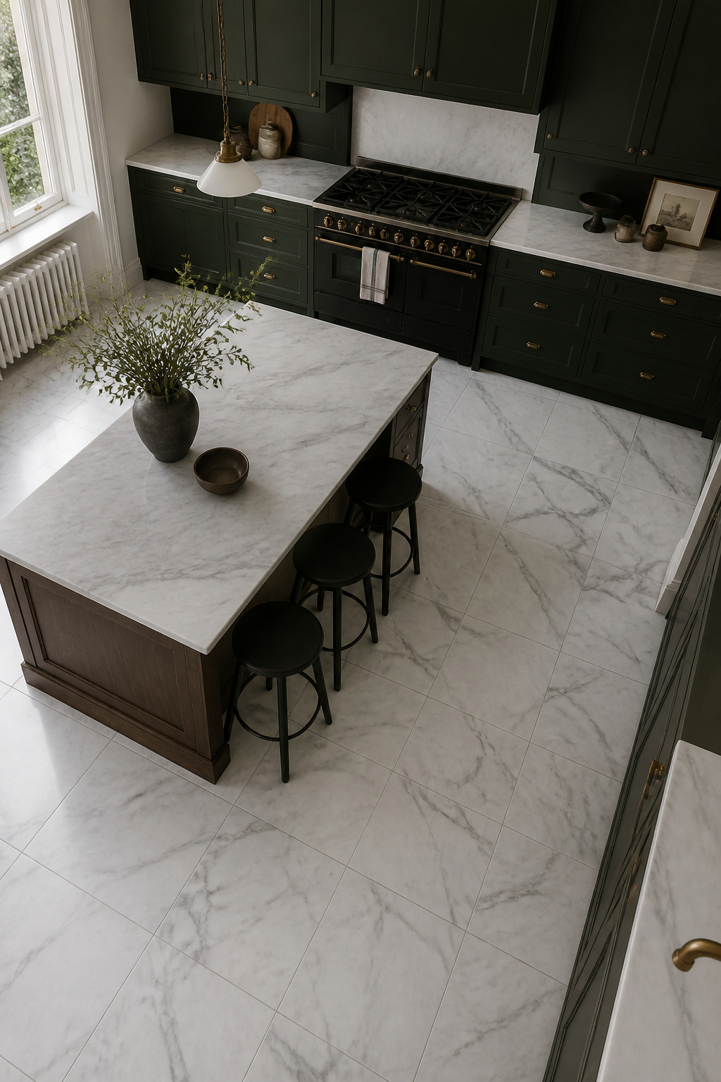 Honed Carrara marble in a Georgian-influenced kitchen — honed rather than polished because every acid spill will etch a polished surface immediately, and the matte finish hides the evidence.